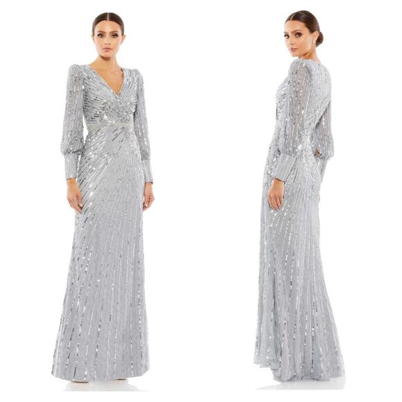 Mac Duggal Sequin Wrap-Over Bishop-Sleeve Gown Silver Size 8 NWT - Picture 1 of 9